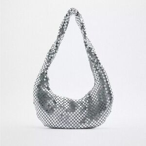 Zara Silver Hobo Bag with Metallic Mesh Design